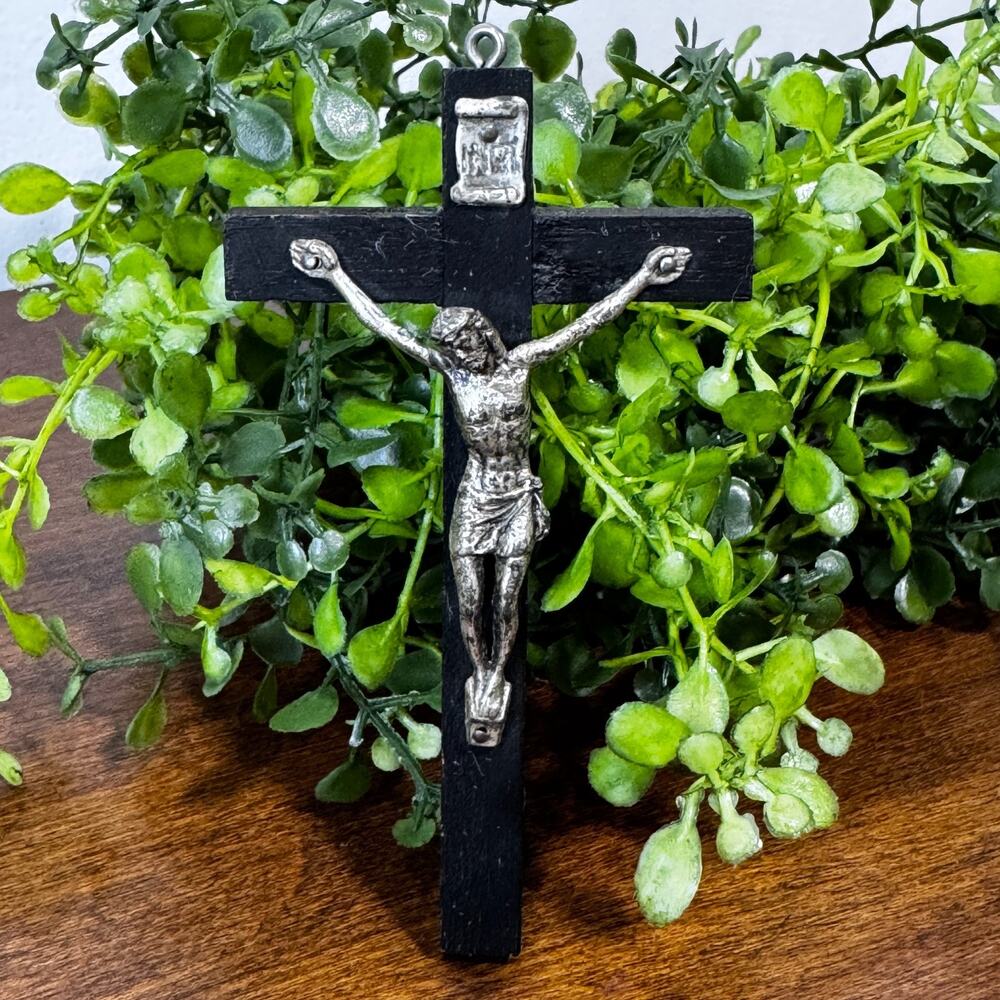 Vintage Jesus Crucifix 4” Cross Metal and Black Wood Pendant Holy Religious